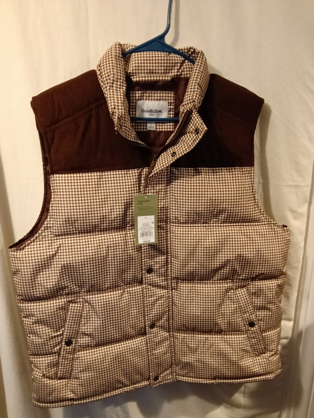 Goodfellow & Co Brown Houndstooth Puffer Vest with Dark Brown Yoke